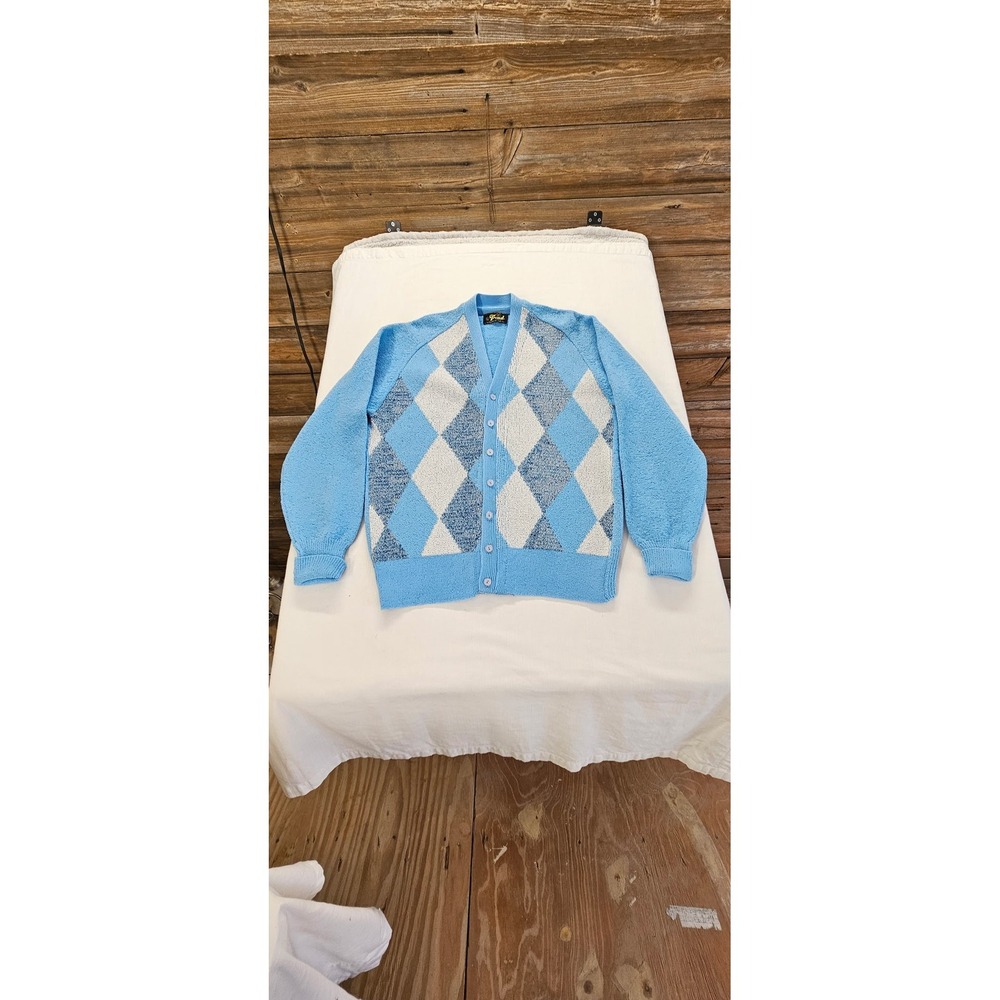 Vintage Argyle Cardigan Sweater Mens Blue Textured Knit V-Neck Button Front L